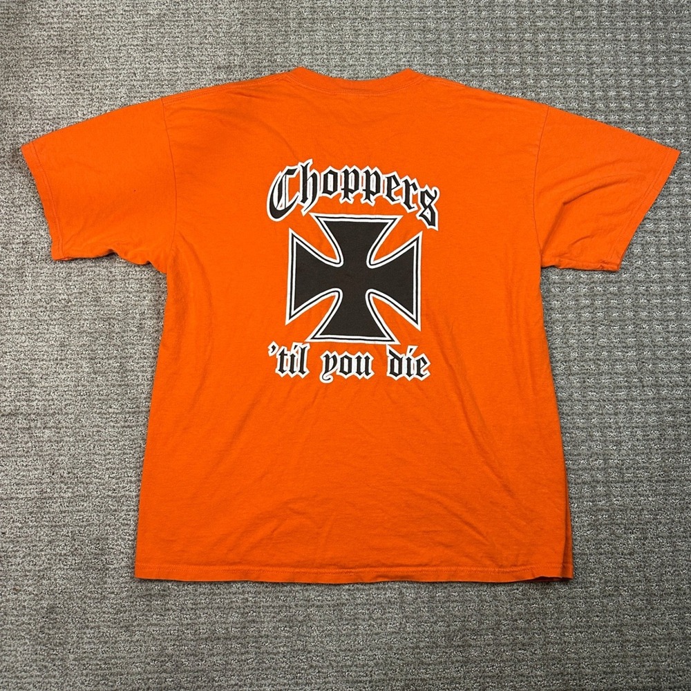Choppers Til You Die Biker Graphic T-Shirt Orange Mens Large Iron Cross Tee